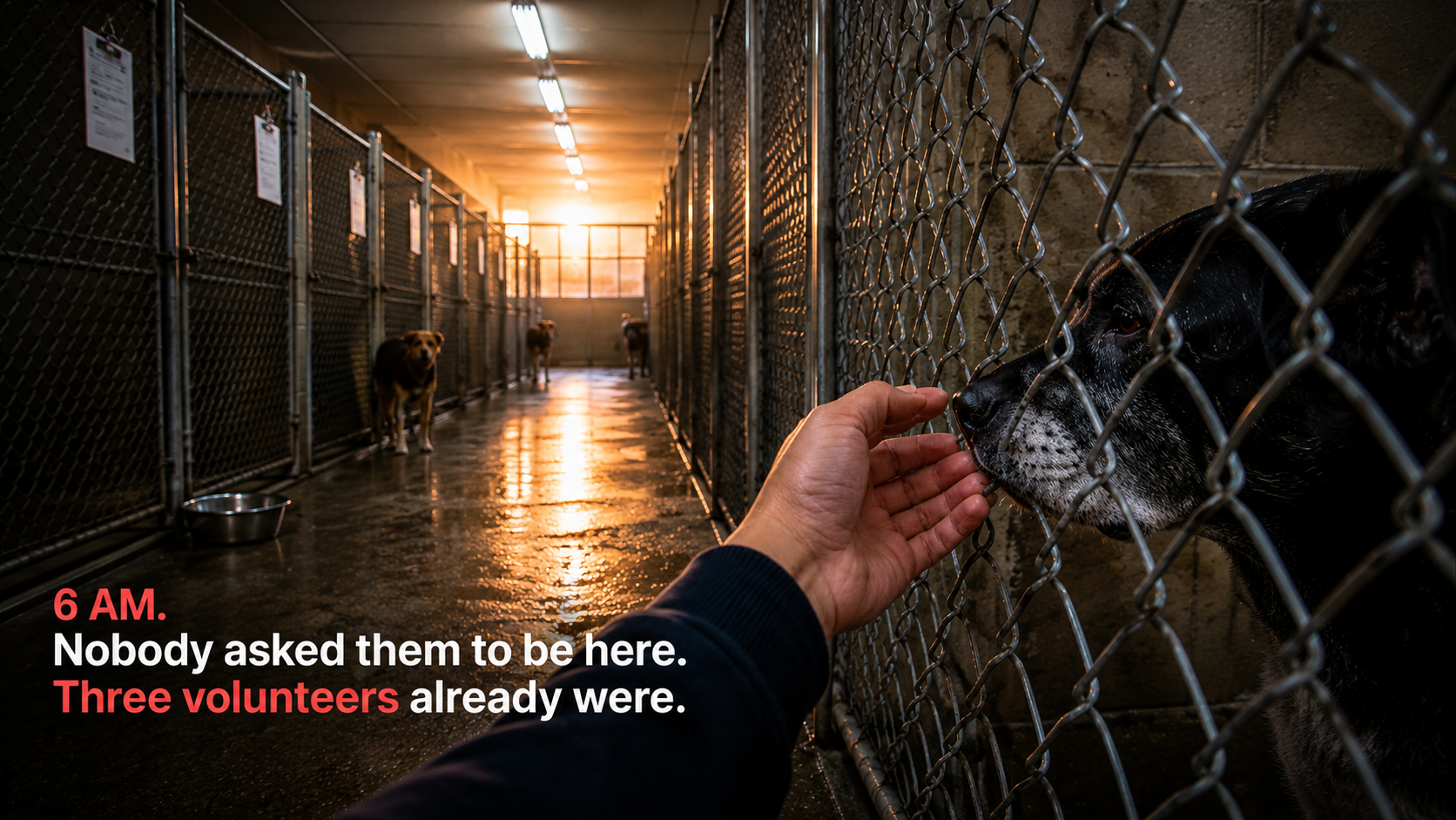 A shelter volunteer sits quietly on the floor of a kennel beside a dog who has been waiting months for a home.