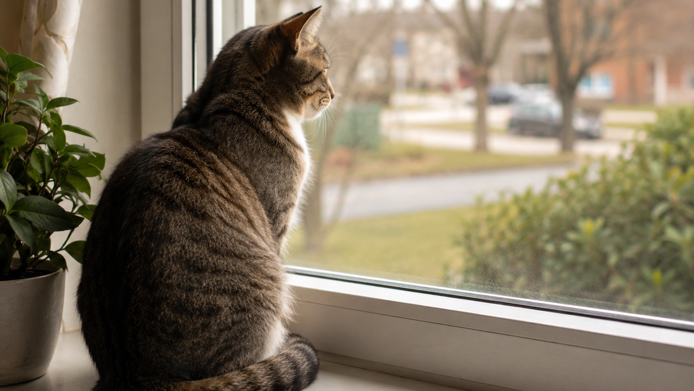 Tabby cat sitting on a windowsill looking outside, illustrating signs of cat separation anxiety