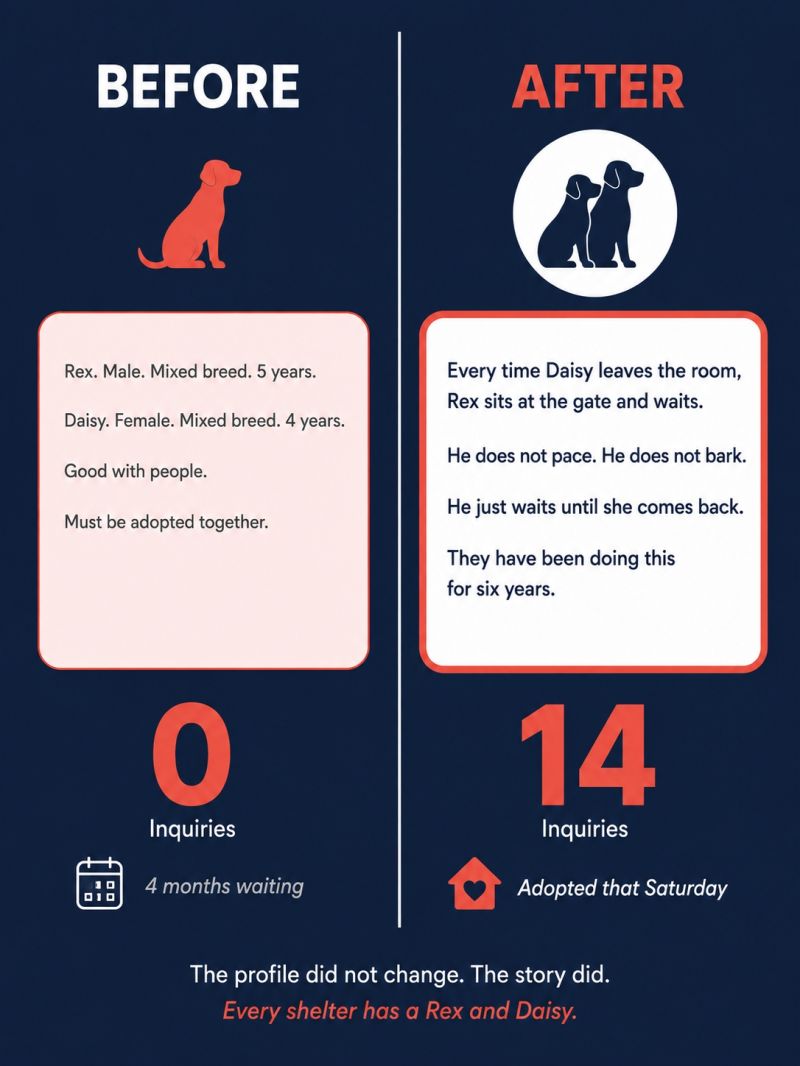 Bonded pair dogs Rex and Daisy resting together, illustrating how storytelling helps shelter pets get adopted together.