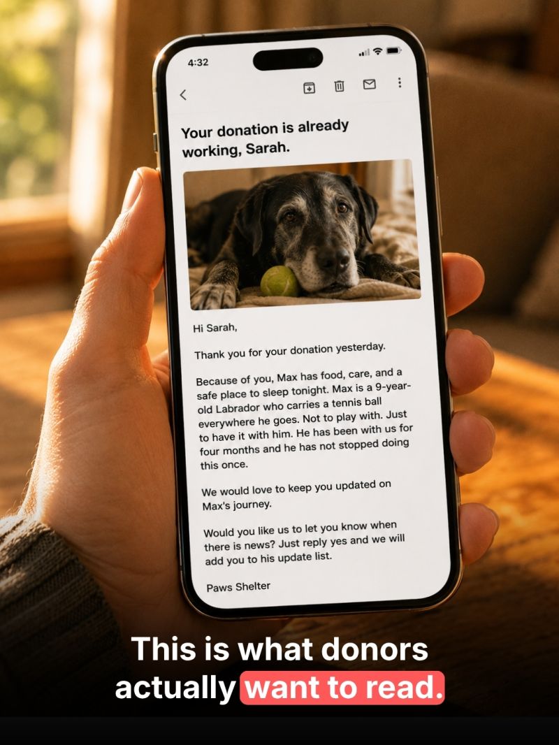 Animal shelter fundraiser reviewing a donor email sequence on a laptop, featuring personalized animal stories, donor updates, and recurring donation appeals designed to increase repeat giving.