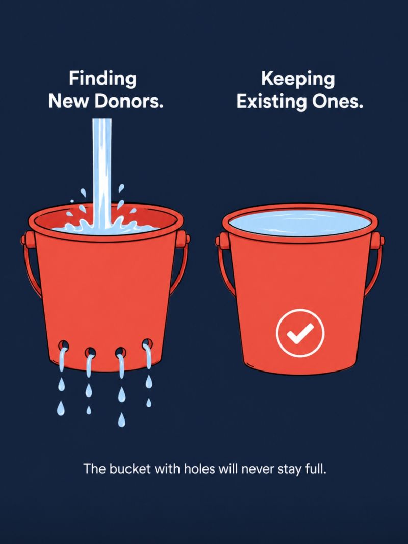Illustration of a leaky bucket representing donor retention, with animal shelter supporters staying engaged through stories, updates, and year-round communication.