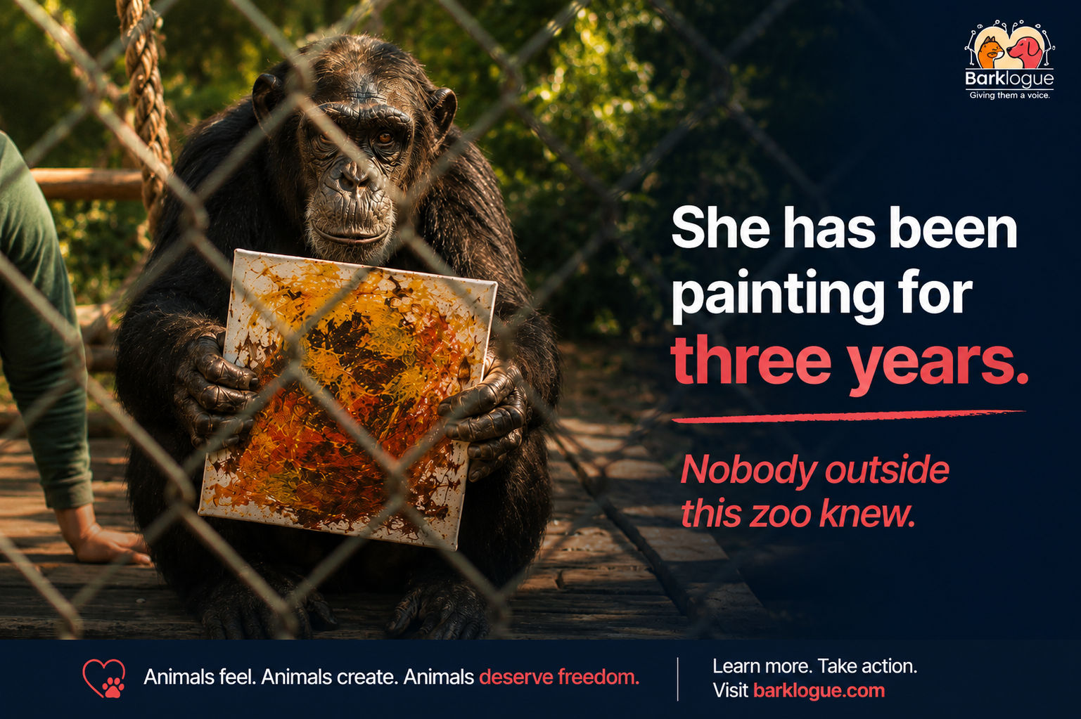 Illustration of BarkLogue's AI-powered animal profile platform, showing how zoos, sanctuaries, and wildlife facilities can give each animal a unique voice through interactive conversations. The graphic highlights personalized storytelling, visitor engagement, conservation education, and stronger donor connections using an AI chatbot built from keeper-provided personality details.