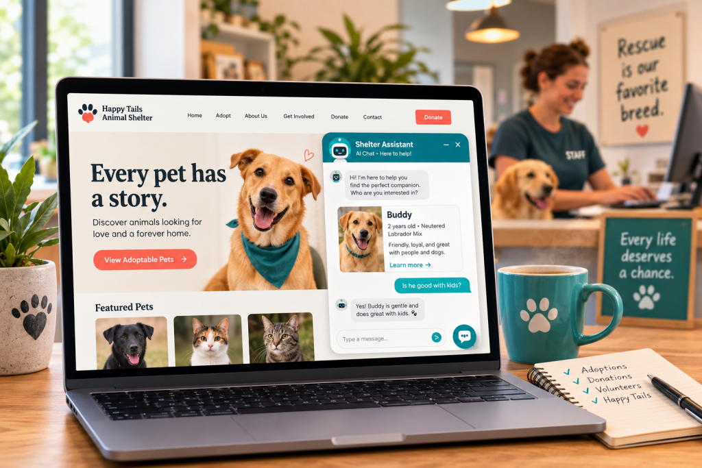 Illustration of a website chat widget on a laptop screen representing an AI chatbot for animal shelters
