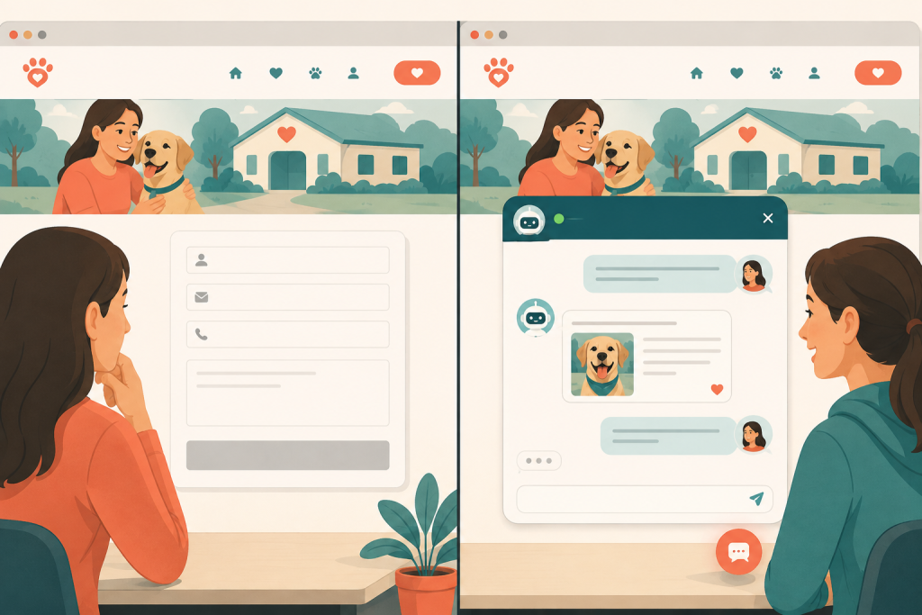 Split-screen comparison of a shelter website contact form next to an AI chat widget answering an adoption question