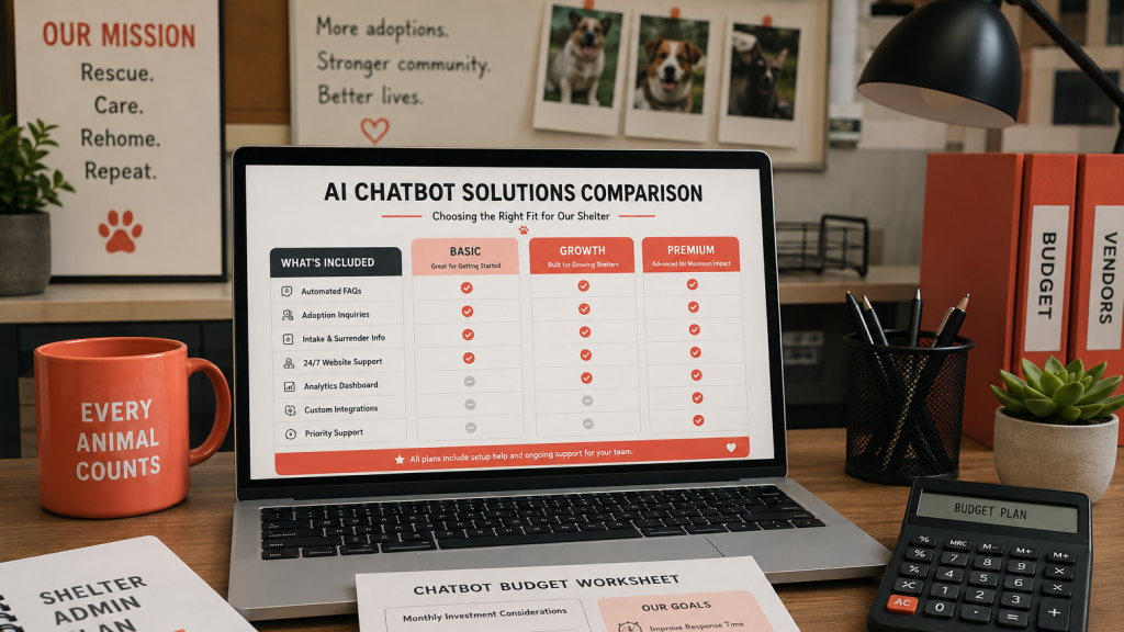 Illustration of a nonprofit budget worksheet comparing three chatbot pricing tiers next to a laptop showing a shelter website