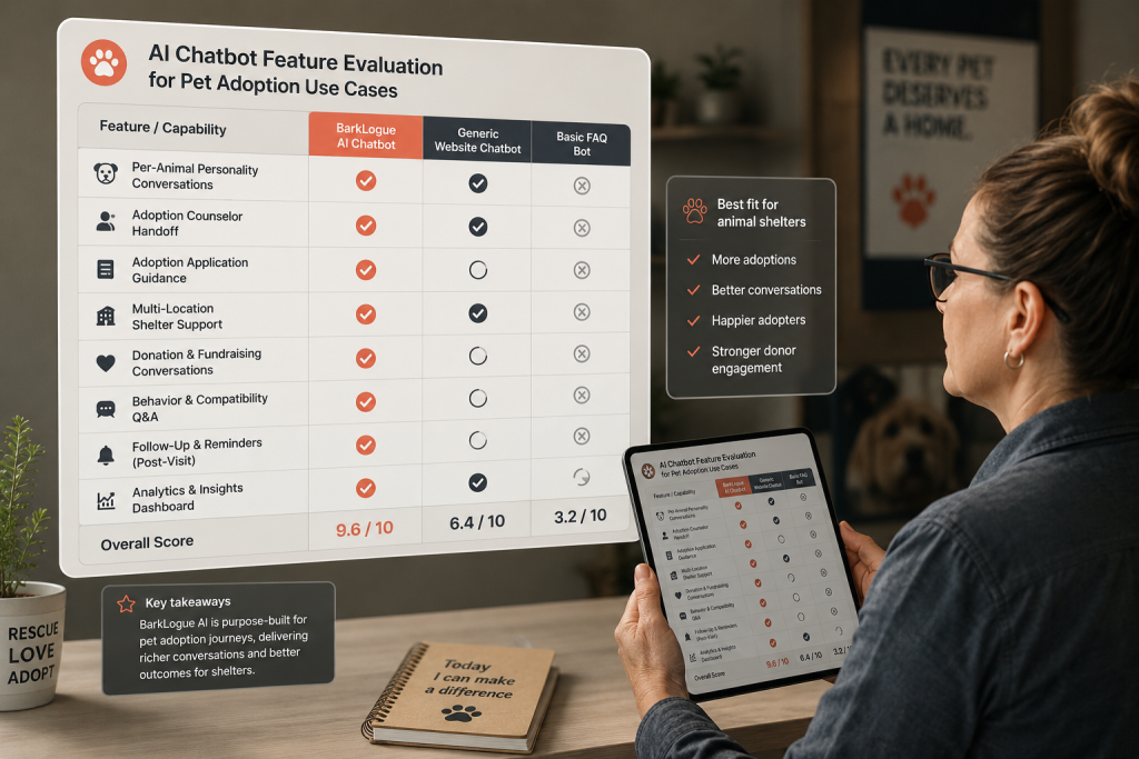 Illustration of a shelter manager reviewing a blank AI chatbot evaluation scorecard on a tablet
