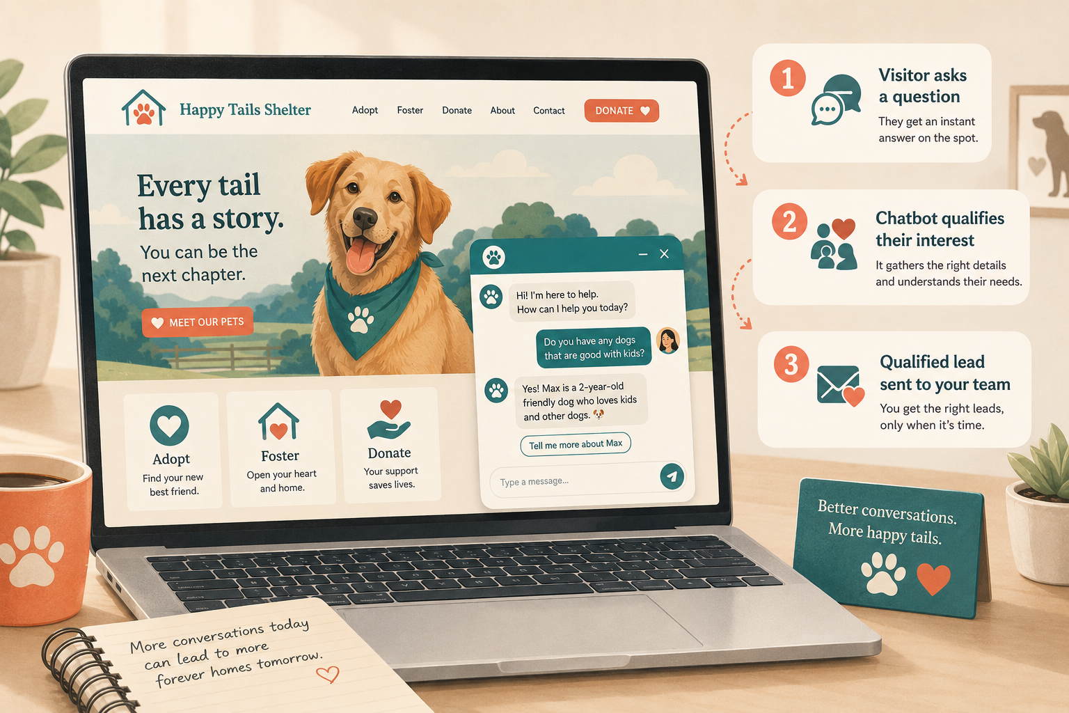 Step-by-step illustration of a chat widget embed code being added to a shelter website on a laptop