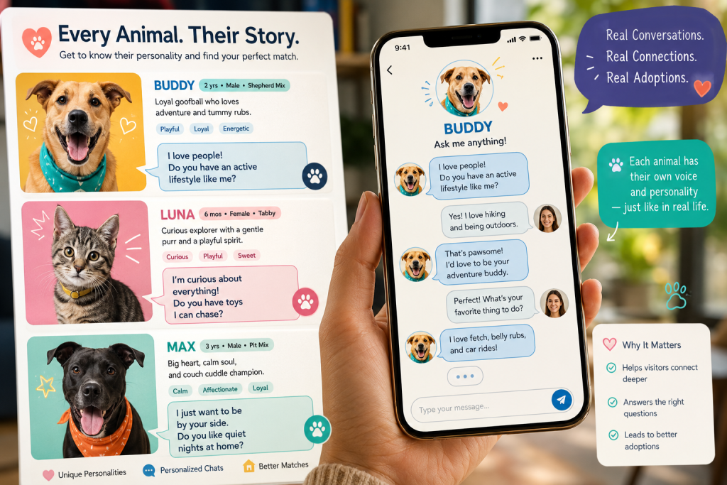 A person holds a smartphone showing an interactive AI chatbot conversation with a shelter dog's profile.