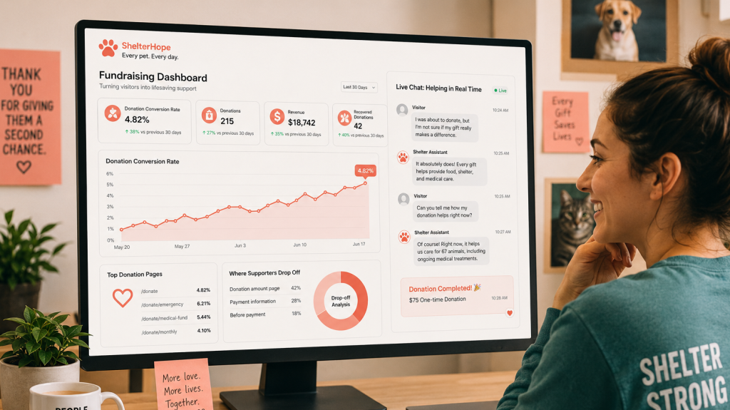 Illustration of an AI chatbot widget on an animal shelter website helping guide a visitor toward making a donation