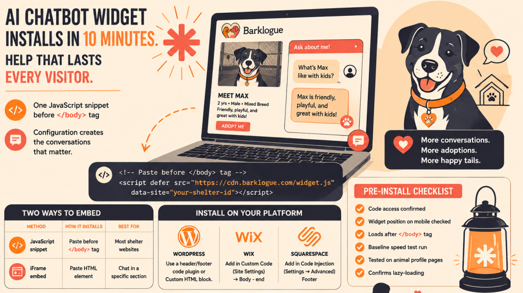 Illustration showing a chatbot widget being installed on a shelter website with a code snippet panel visible